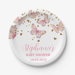 Schmetterlingsküsse Baby Shower in Rosa und Gold Pappteller