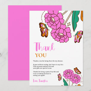 Schmetterlingsliebhaber Rosa Florale Schrift Braut Dankeskarte