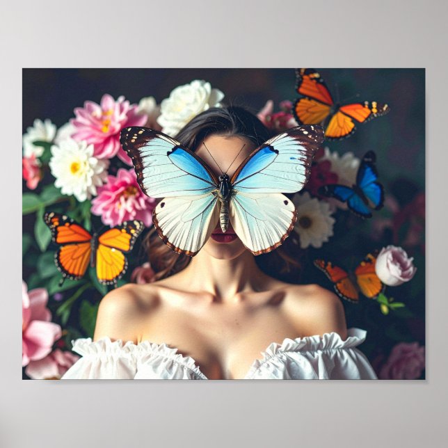 Schmetterlingsmaske mit floraler Umgebung Poster (Vorne)
