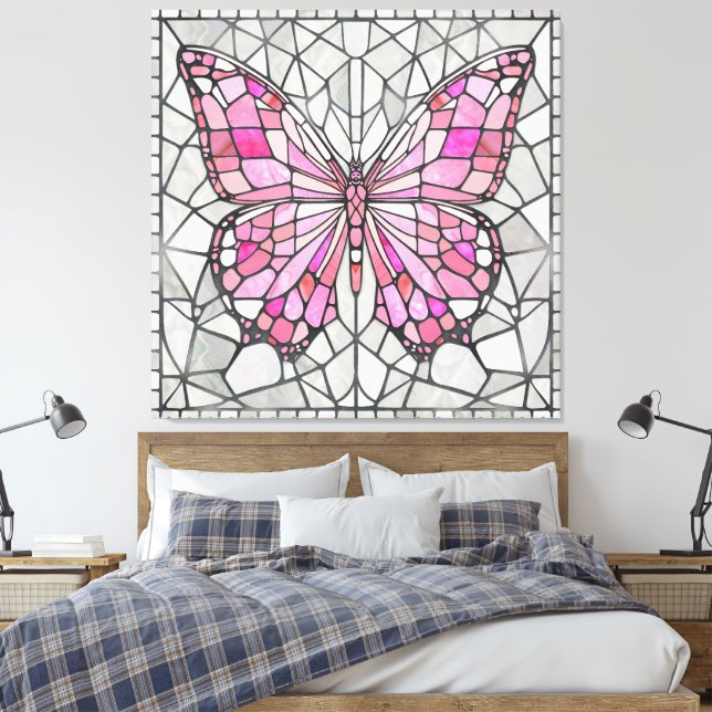 Schmetterlingsmosaik - Märchenrosa und Grau Leinwanddruck (Insitu (Schlafzimmer))