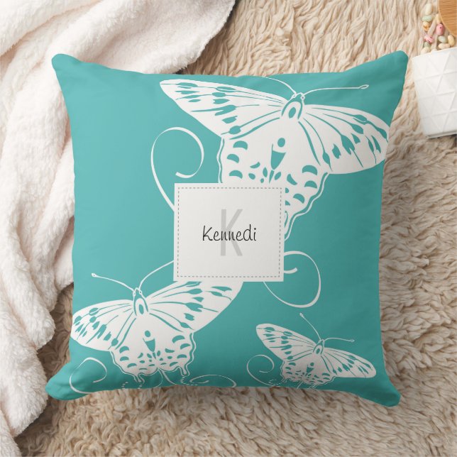 Schmetterlingsmuster Aquamarin und weiß Kissen (Decke)