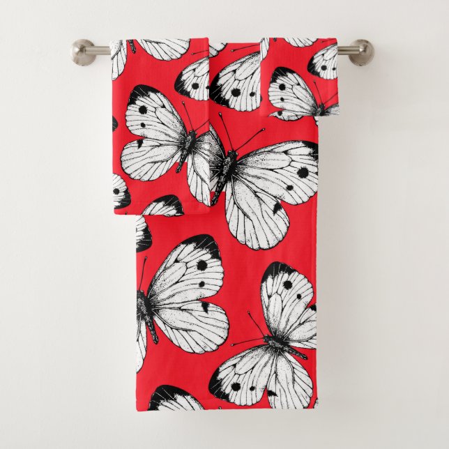 Schmetterlingsmuster aus Kohl in Rot Badhandtuch Set (Insitu)