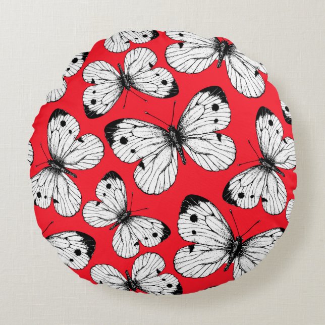 Schmetterlingsmuster aus Kohl in Rot Rundes Kissen (Vorderseite)