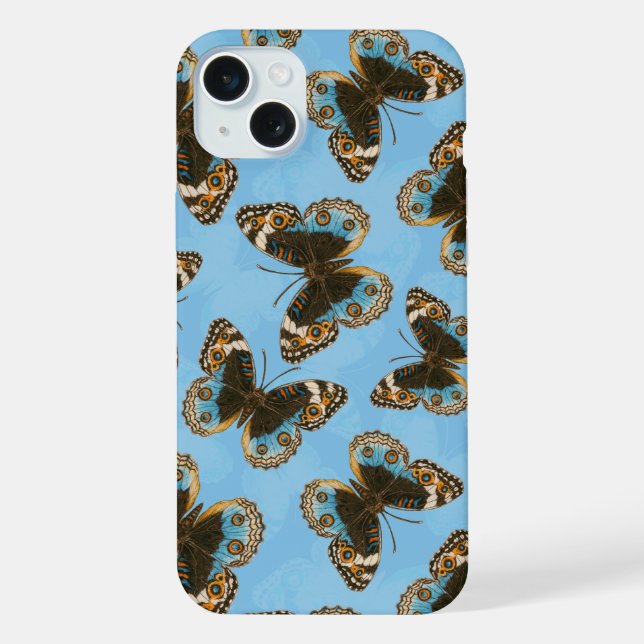Schmetterlingsmuster Blaue Stiefmütterchen iPhone 15 Plus Hülle (Rückseite)