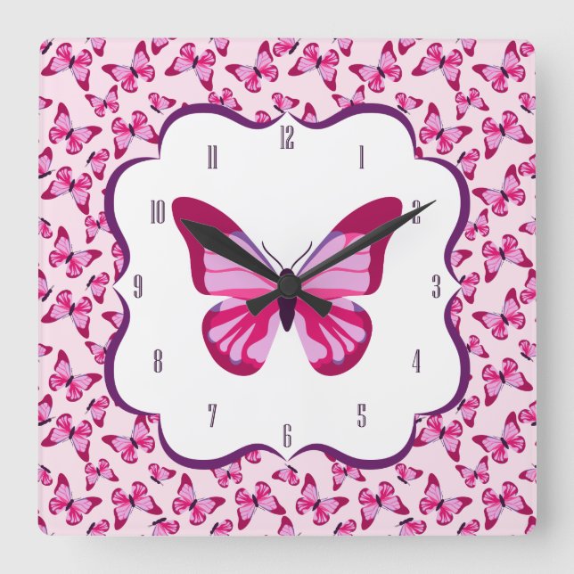 Schmetterlingsmuster Hübsch Pink Lila Quadratische Wanduhr (Vorderseite)