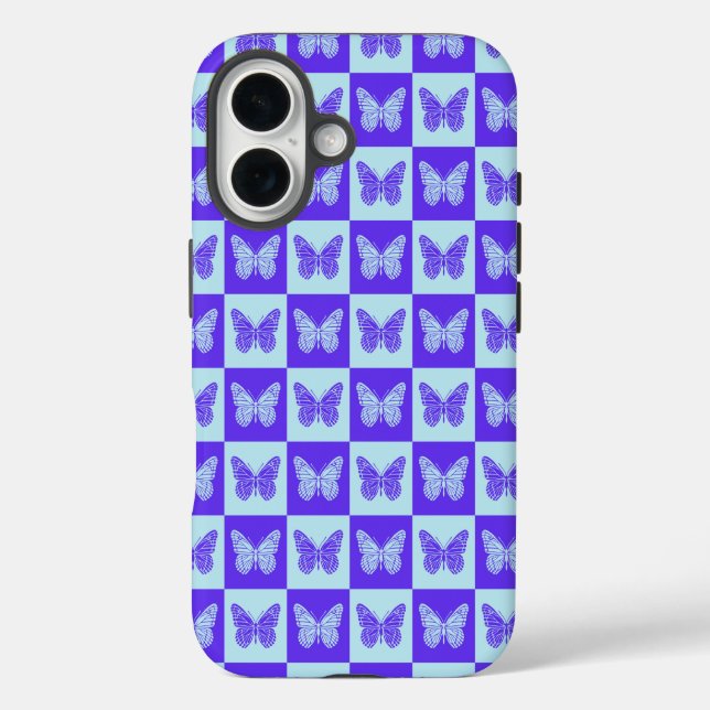 Schmetterlingsmuster in blau und Lila iPhone 16 Hülle (Rückseite)