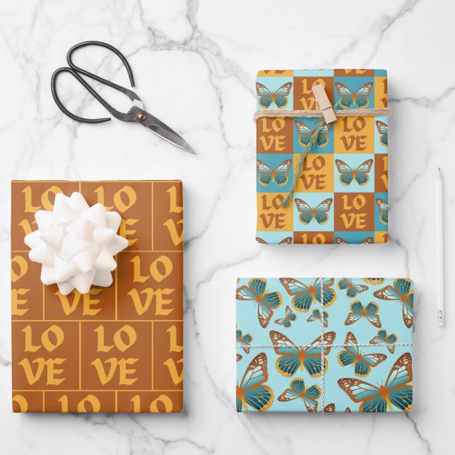 Schmetterlingsmuster-Liebe | Blau und Orangen Grad Geschenkpapier Set (Vorderseite)