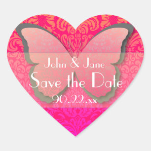 Schmetterlingspinsel "Save the Date" (heißes Rosa Herz-Aufkleber