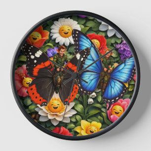 Schmetterlingsreiter und lächelnde Gartenwanduhr Uhr