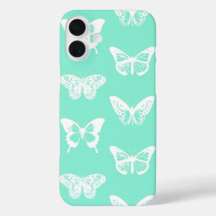 Schmetterlingsskizze, aqua und weiß iPhone 16 plus hülle