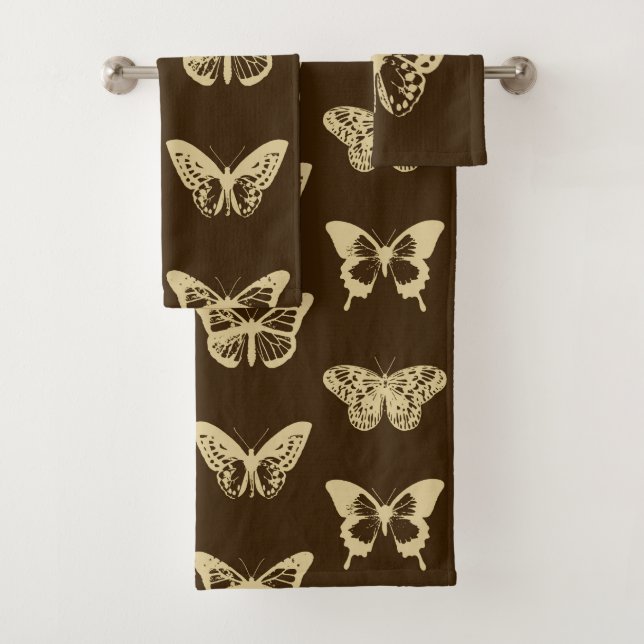 Schmetterlingsskizze, beige auf schokoladenbraunem badhandtuch set (Insitu)
