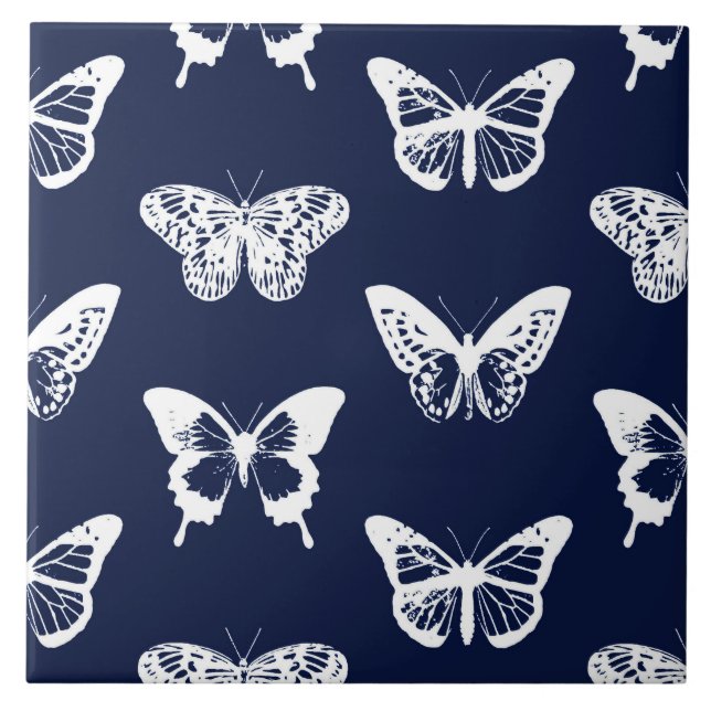 Schmetterlingsskizze, Marineblau und Weiß Fliese (Vorderseite)