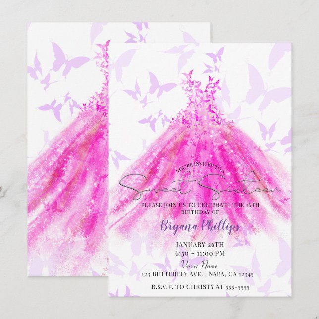 Schmetterlingstanz Lila, rosa Kleid Süß 16 Einladung (Vorne/Hinten)