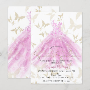 Schmetterlingstanz Rosa & Gold Kleid Sweet 16 Einladung