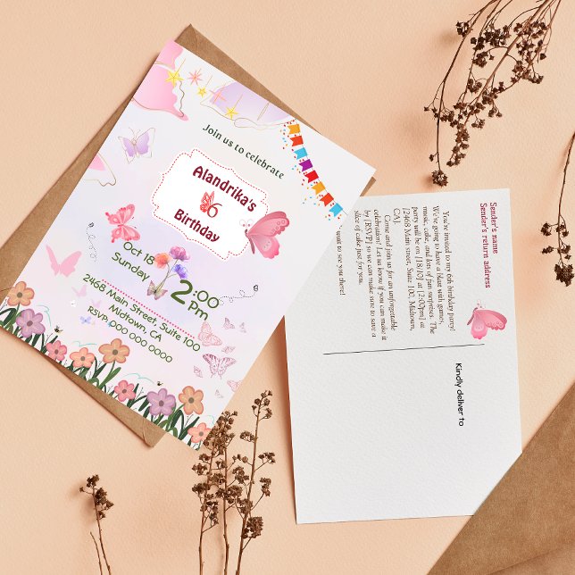 Schmetterlingsthema 6. Geburtstagseinladung Postkarte (Von Creator hochgeladen)