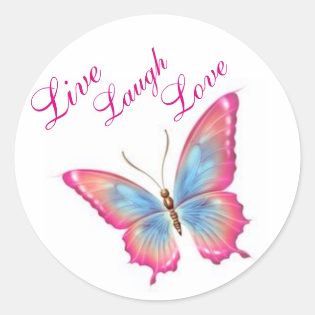 Schmetterlingsticker/Rosa "Live-Lagh-Liebe" Runder Aufkleber (Vorderseite)