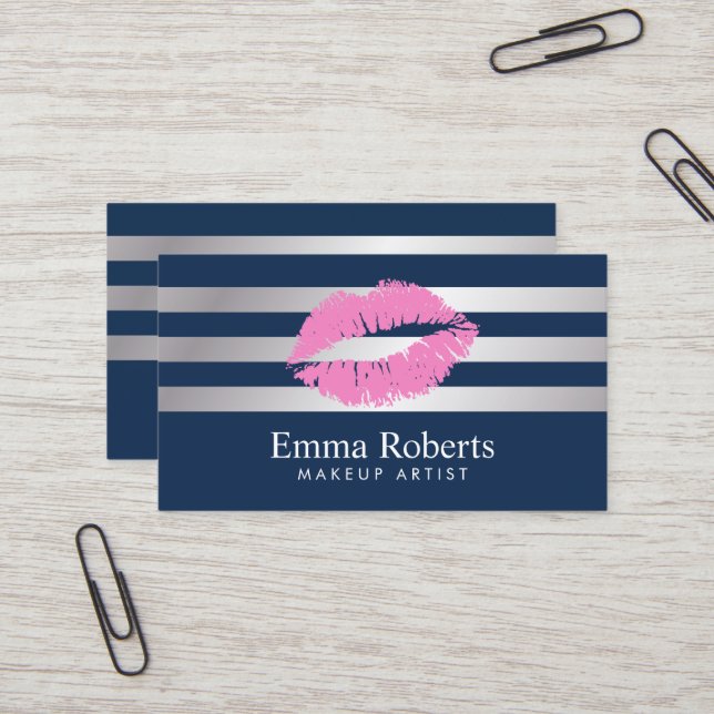 Schminken Künstler rosa Lippen Navy Blue Modern St Visitenkarte (Vorderseite/Rückseite Beispiel)