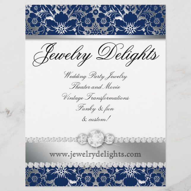 Schmuck Flyer Haar Salon Floral Damask Navy Silver (Vorne)
