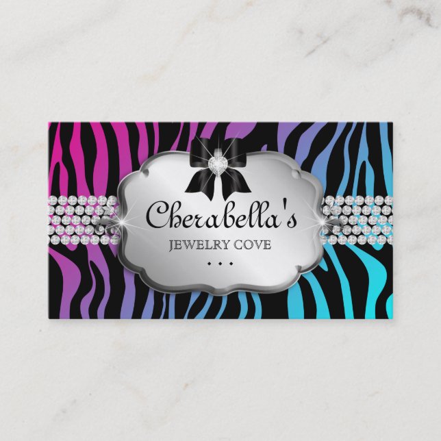 Schmuck-Geschäfts-Kartezebra-lila blauer Bogen Visitenkarte (Vorderseite)