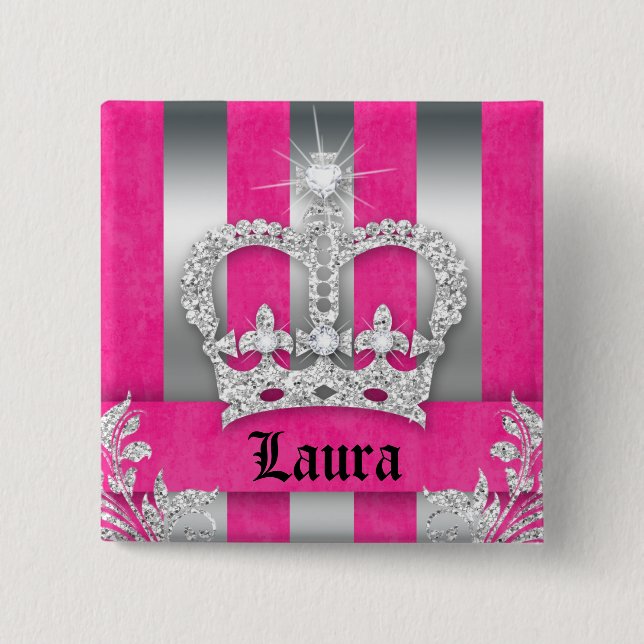 Schmuck Princess Crown Pink Streifen Brooch Silber Button (Vorderseite)