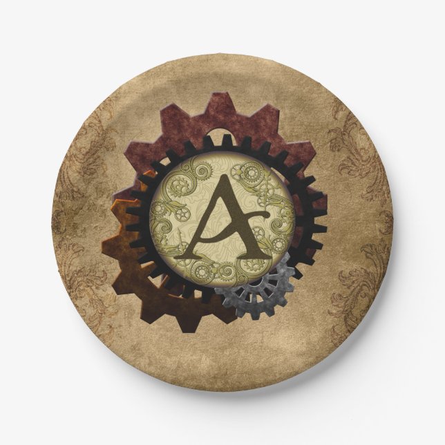 Schmutz Steampunk übersetzt Monogramm-Buchstaben A Pappteller (Vorderseite)