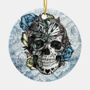 Schmutz-Süßigkeitszuckerschädel in blauem Gelbe Keramik Ornament