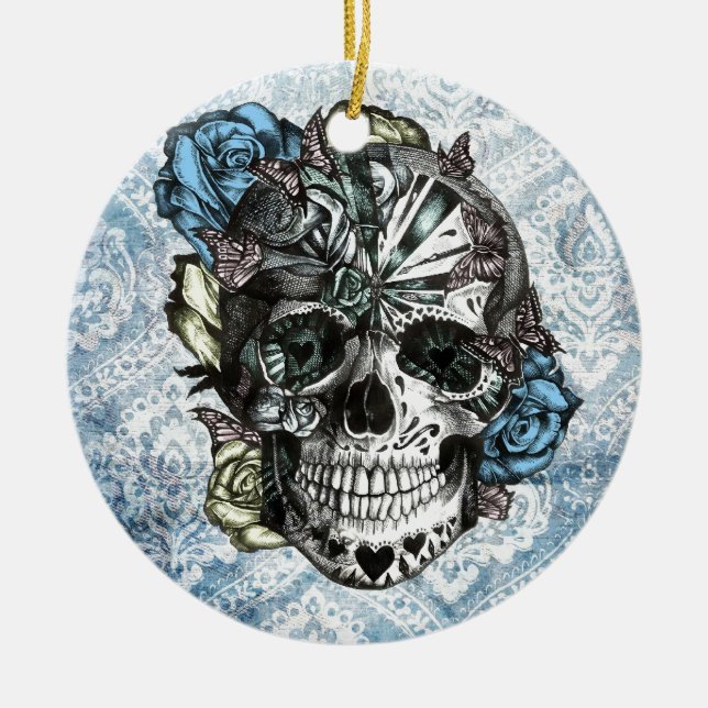 Schmutz-Süßigkeitszuckerschädel in blauem Gelbem Keramik Ornament (Vorne)