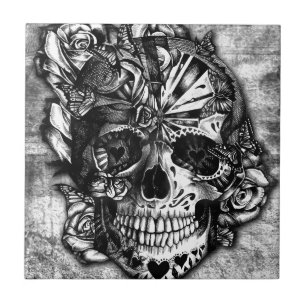 Schmutz-Süßigkeitszuckerschädel in Schwarzweiss. Fliese