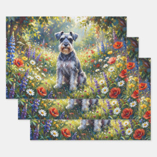 Schnauzer auf einer Wiesen-Dekupage mit Wildblumen Geschenkpapier Set