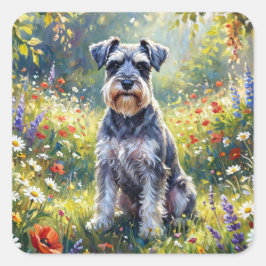 Schnauzer auf einer Wiesenblumenwiese Quadratischer Aufkleber