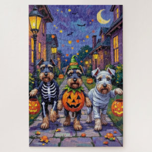 Schnauzer beim Süßigkeitenbetteln in Halloween-Kos