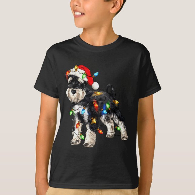 Schnauzer Christmas Dog Christmas Lights Santa Hat T-Shirt (Vorderseite)