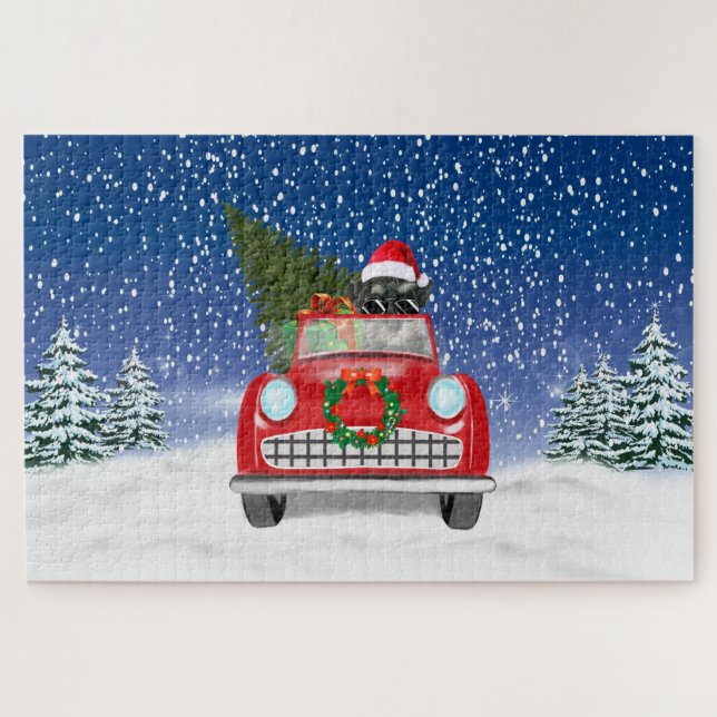Schnauzer Dog Autofahrer im Schnee Weihnachten (Horizontal)