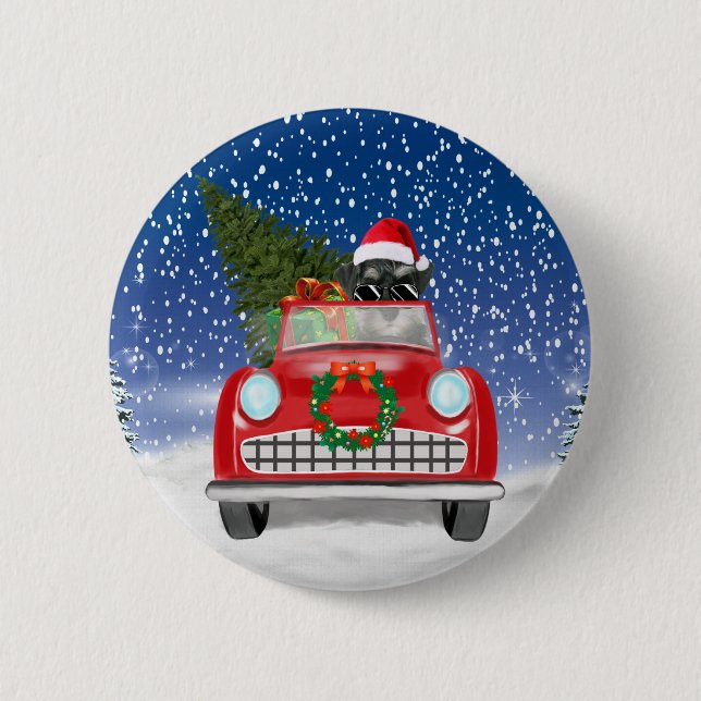 Schnauzer Dog Autofahrer im Schnee Weihnachten Button (Vorderseite)