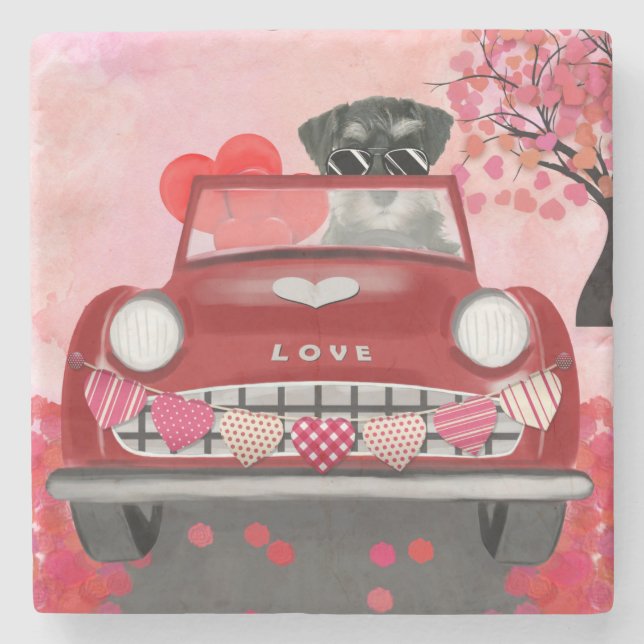 Schnauzer Dog Car mit Herz-Valentine Steinuntersetzer (Vorderseite)
