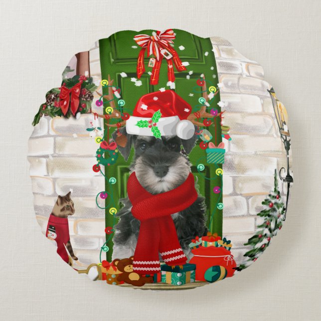 Schnauzer Dog Christmas Rundes Kissen (Vorderseite)