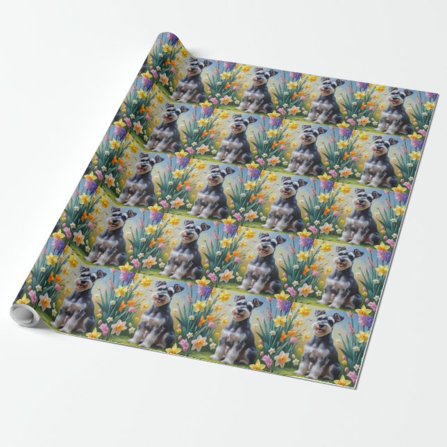 Schnauzer Dog Frühlingsblumen Malerei Geschenkpapier (Ungerollt)