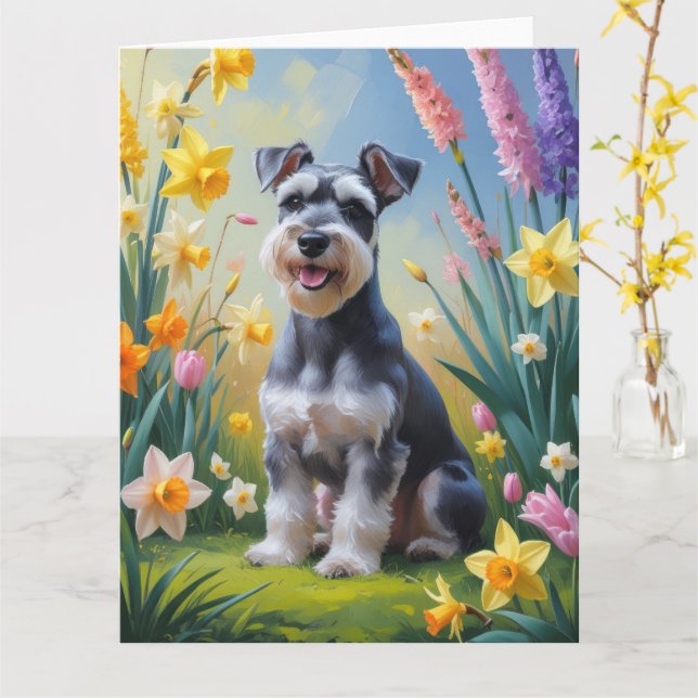 Schnauzer Dog Frühlingsblumen Malerei Karte (Gelbe Blume)