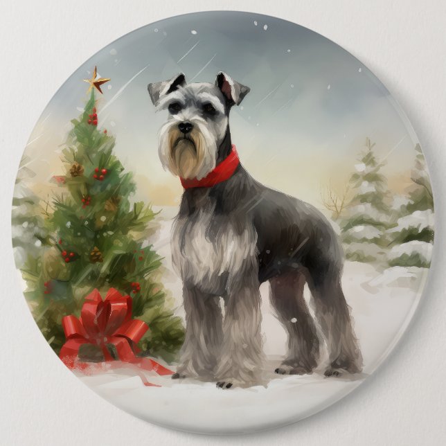Schnauzer Dog im Schnee Weihnachten Button (Vorderseite)
