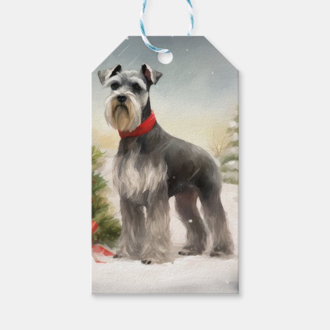 Schnauzer Dog im Schnee Weihnachten Geschenkanhänger (Vorderseite)