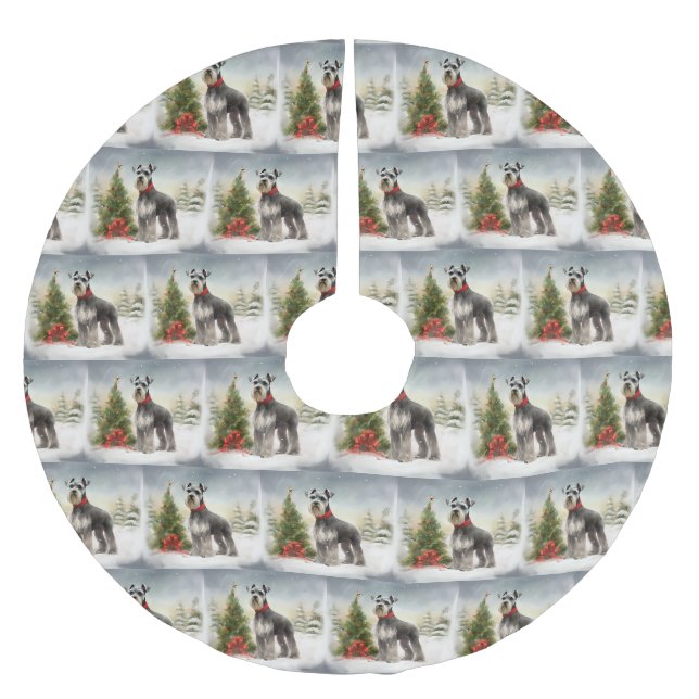 Schnauzer Dog im Schnee Weihnachten Polyester Weihnachtsbaumdecke (Vorderseite)