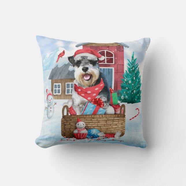 Schnauzer Dog im Schnee Weihnachtshundehaus Kissen (Vorderseite)