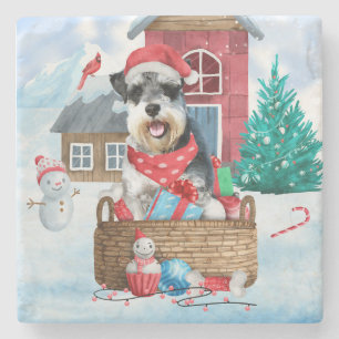 Schnauzer Dog im Schnee Weihnachtshundehaus Steinuntersetzer