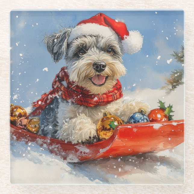 Schnauzer Dog in Sledge Lass es Schnee Weihnachten Glasuntersetzer (Vorderseite)