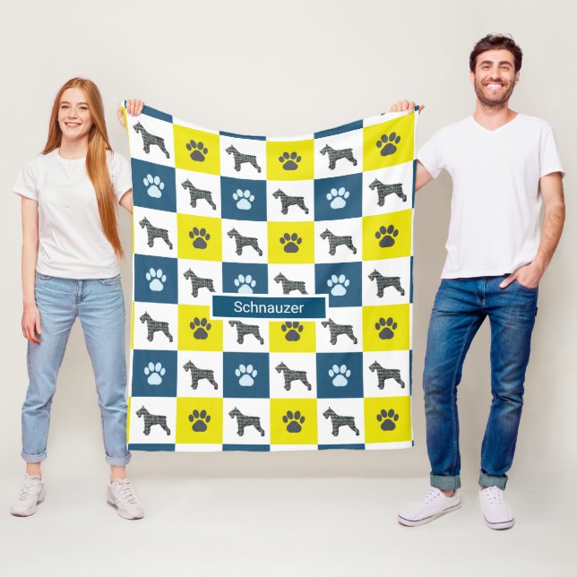 Schnauzer Dog & Paw Print Yellow Grid Silhouette Fleecedecke (Beispiel)