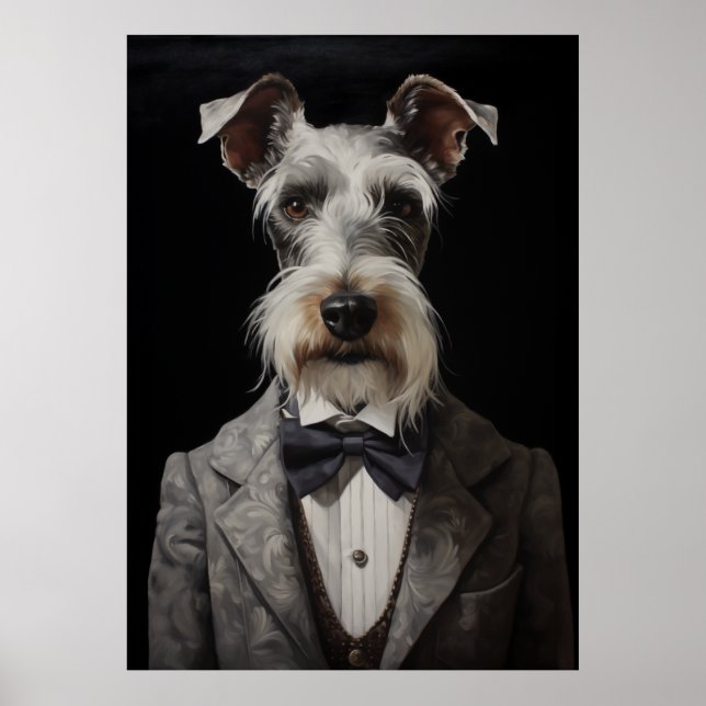 Schnauzer Dog Portrait Grau Anzug Bow Krawatte Poster (Vorne)