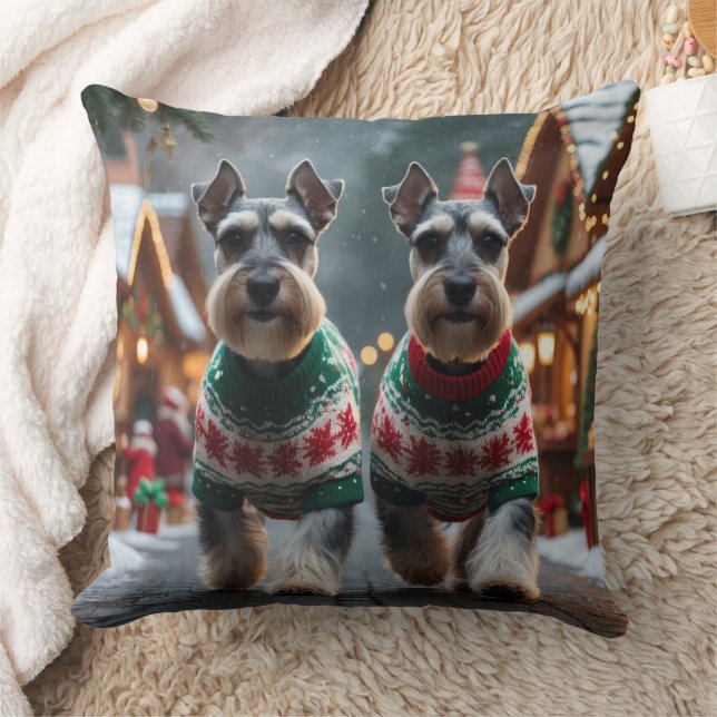 Schnauzer Dogs Christmas Snow Holiday  Kissen (Decke)