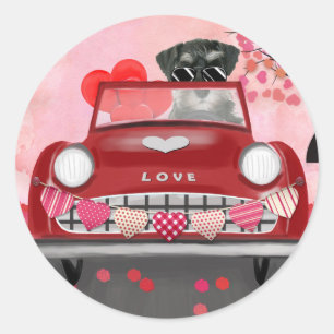 Schnauzer-Hund Auto mit Herzen Valentinstag Runder Aufkleber