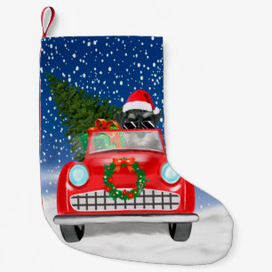 Schnauzer-Hund fährt Auto im Schnee Weihnachten Kleiner Weihnachtsstrumpf