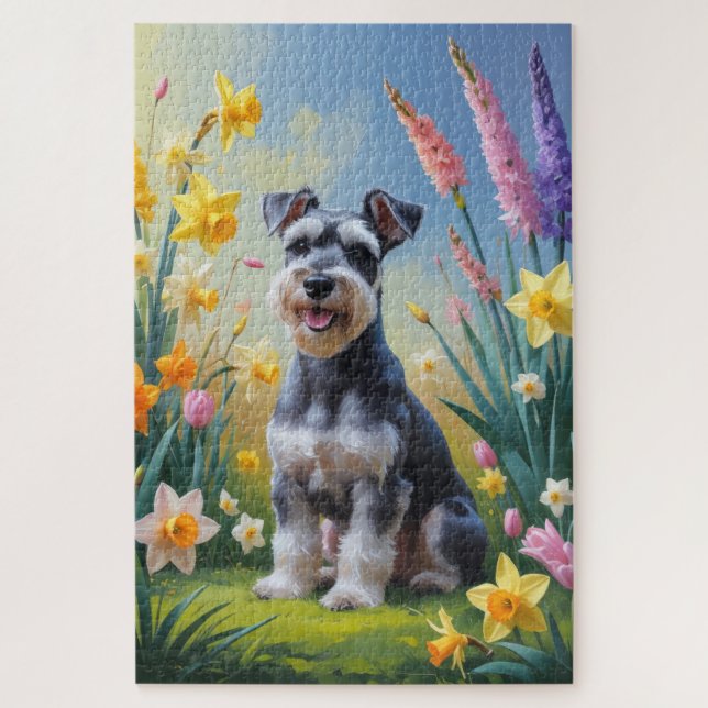 Schnauzer-Hund Frühlingsblumen Malerei  (Vertikal)